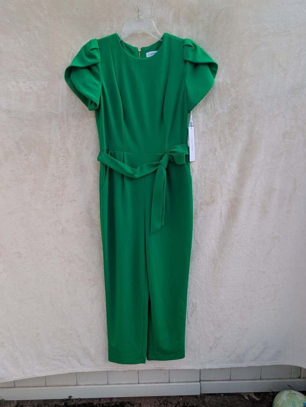 Calvin Klein Meadow Green Flutter Sleeve Belted Jumpsuit Size 2